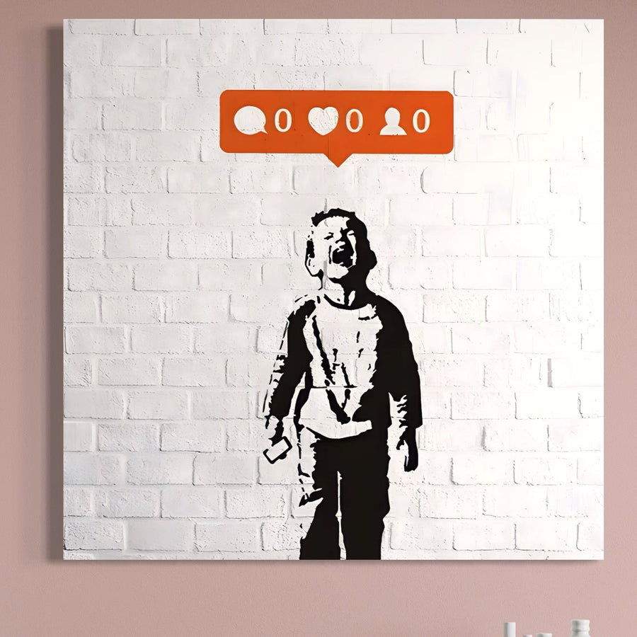 Tablou Canvas Premium LuxCanva® A1400: artă graffiti cu un copil care plânge lângă un perete alb, notifică social media fără aprecieri, comentarii sau urmăritori. Realizat pe pânză bumbac de calitate premium.