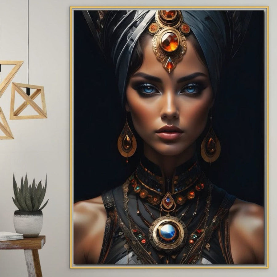 Tablou Canvas Premium LuxCanva®, G1092, "Femeia Oracol", care înfățișează o femeie mistică cu bijuterii regale și coafură, atârnă deasupra unei plante în ghiveci. Decorul geometric din lemn din stânga completează această imprimare de calitate premium pe pânză de bumbac.