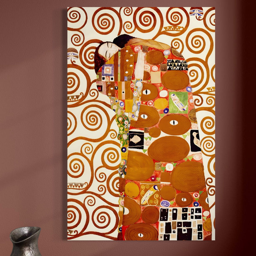 Pânza Tablou Premium LuxCanva® A1402 "În Lumea Poveștilor", cu culori vibrante și vibrații de vis, adaugă farmec camerei sau dormitorului tău. Această pânză de la LuxCanva® este expusă deasupra unei vaze gri, pe un perete maro.