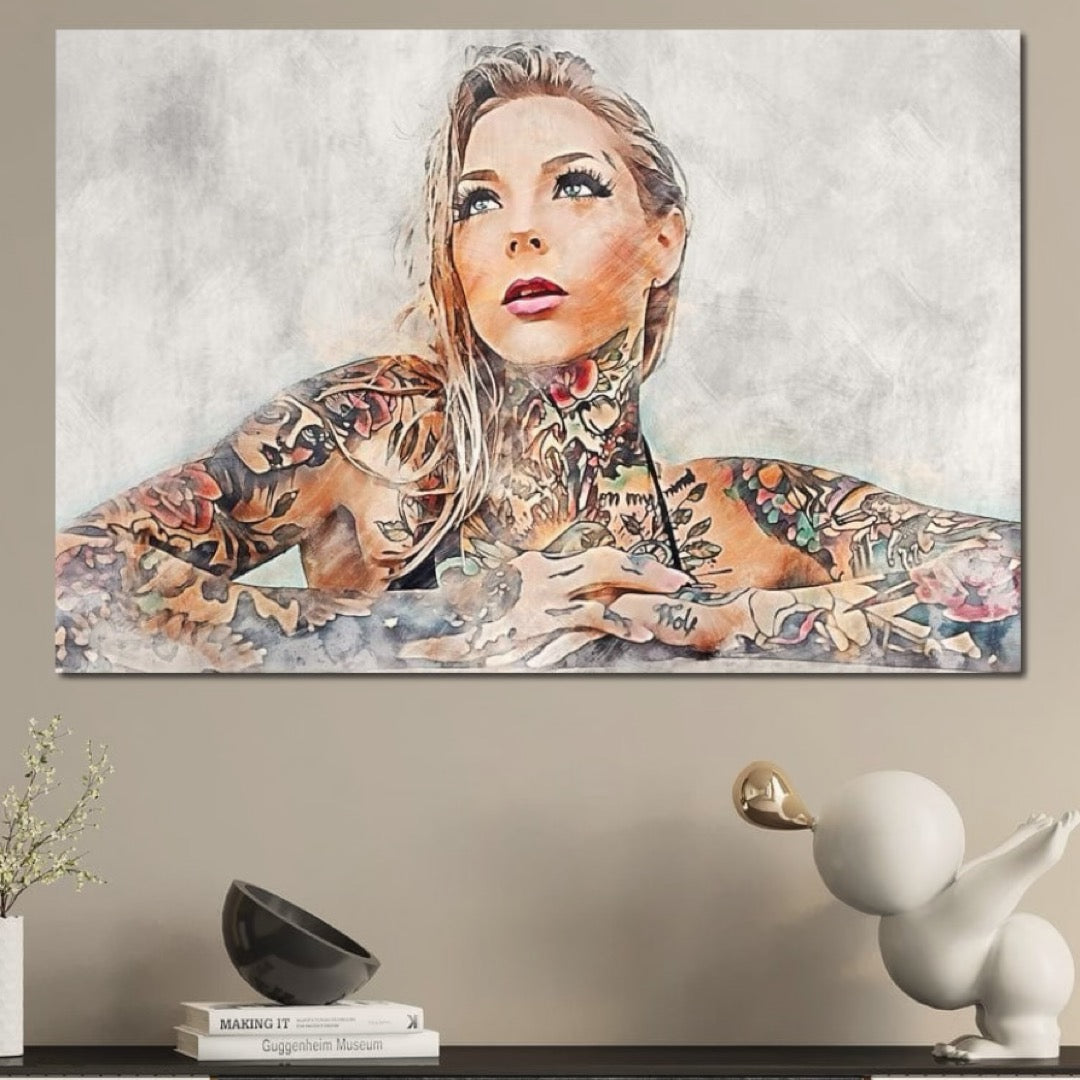 Tablou Canvas Premium, LuxCanva® G1097, Femeia cu Tatuaj, Pictura, Arta, Piele, Rebela, Cerneala, Artist, Interzis, Tatuator, Living, Dormitor