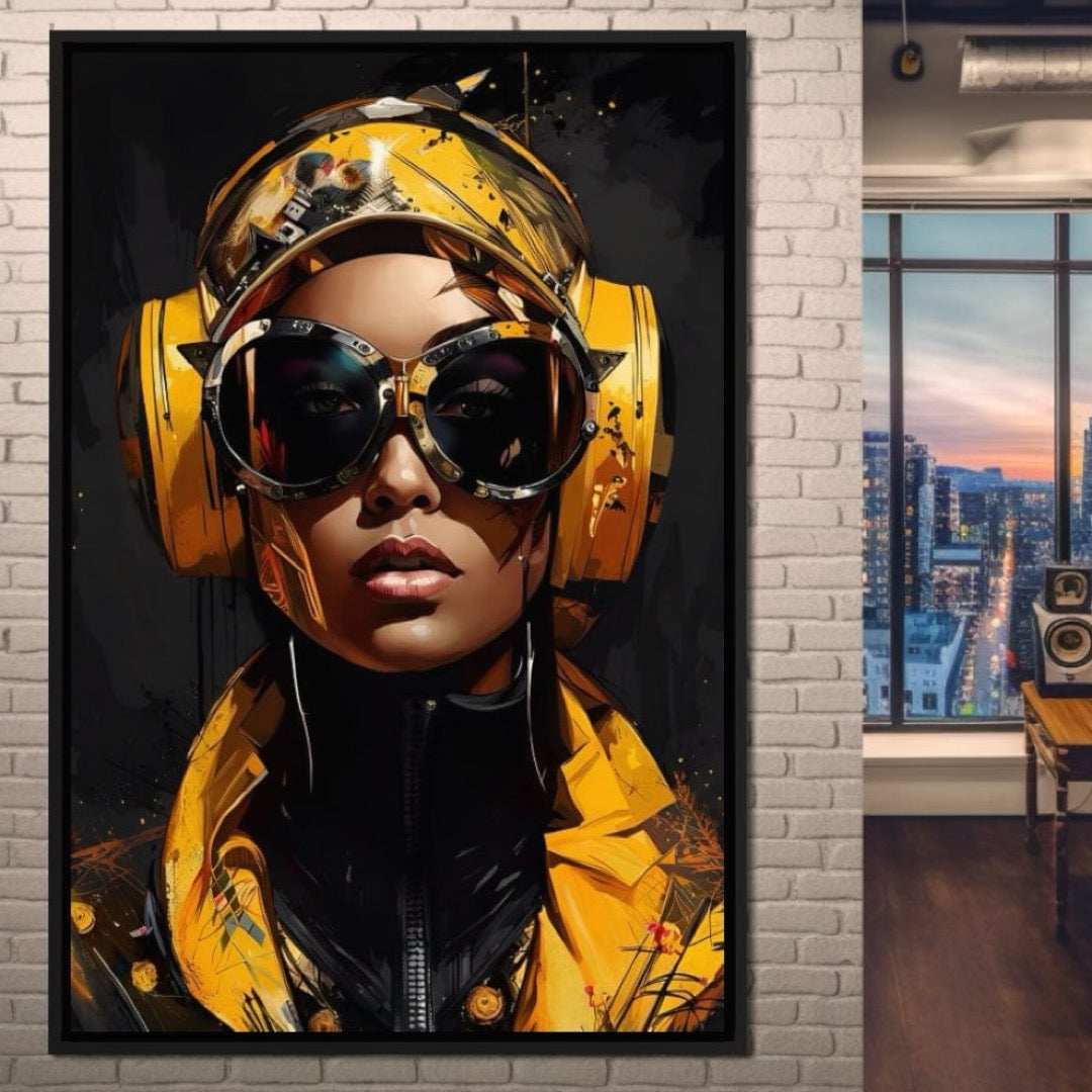 Tablou Canvas Premium, LuxCanva® G1098, Fata Viitorului, Privire, Cyber, Galben, Ochelari, Casti, Urban, Galactic, Avangardist, Living, Dormitor