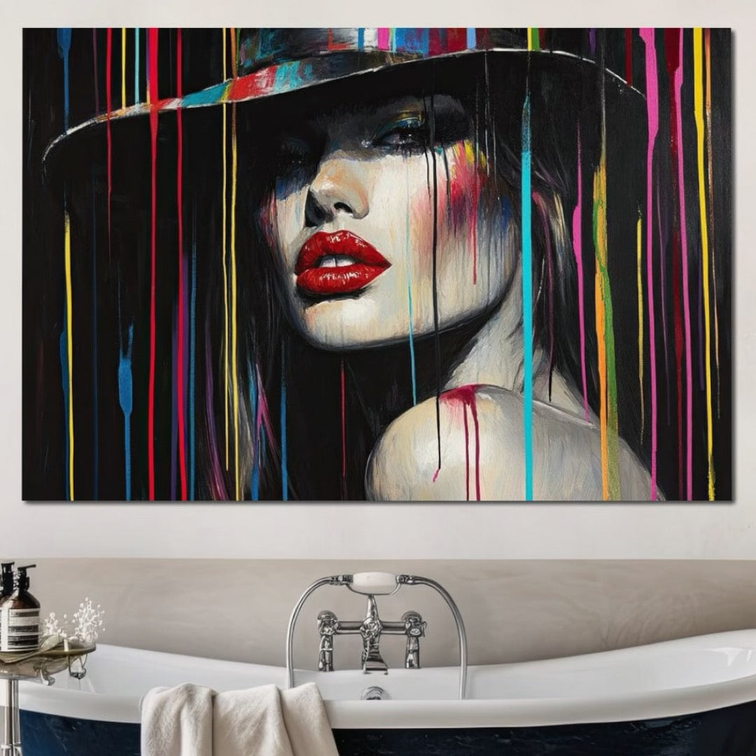 Tablou Canvas Premium, LuxCanva® G1099, Drama Culorilor, Glam, Neon, Buze, Rosii, Excentric, Gratii, Palarie, Portret, Feminism, Living, Dormitor
