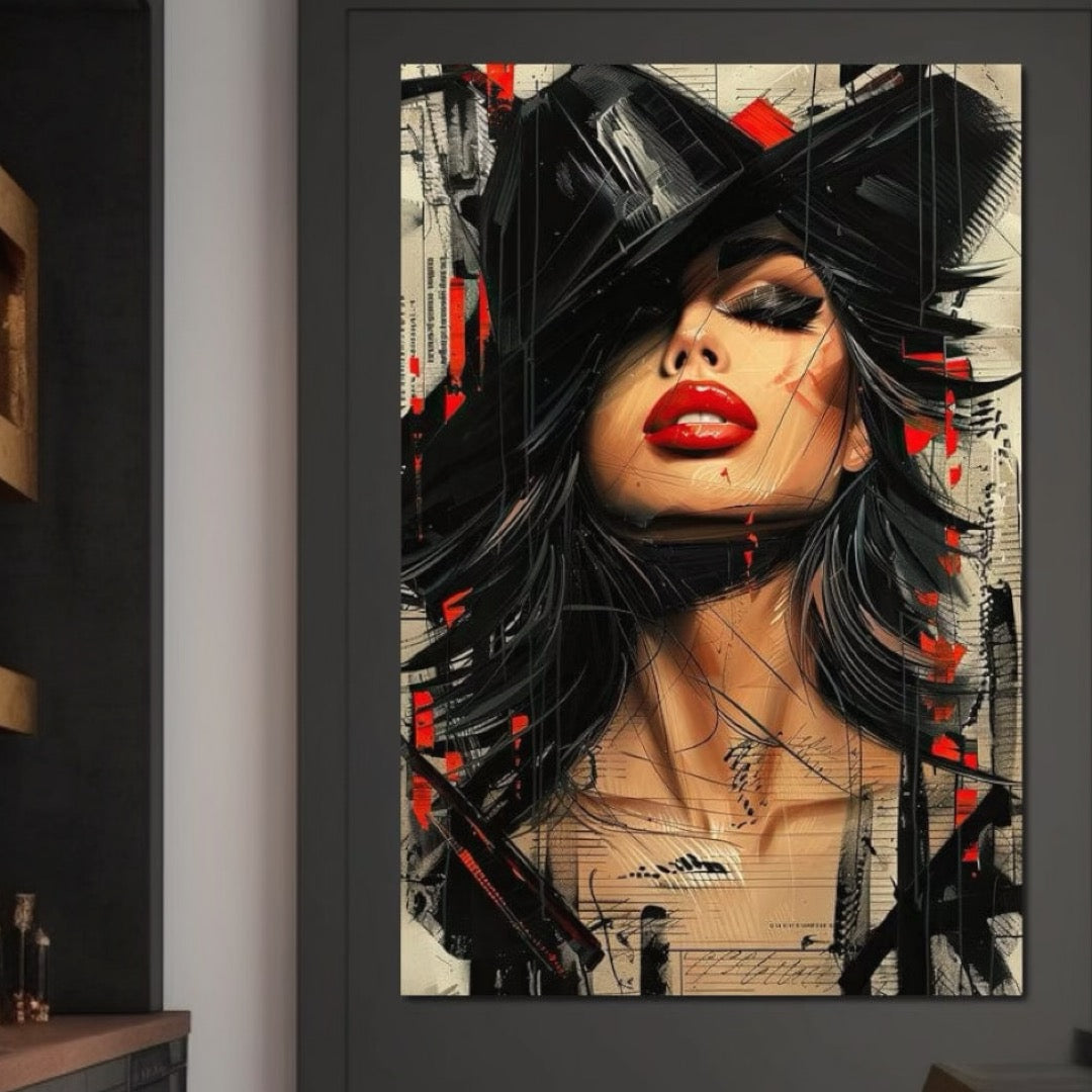 Tablou Canvas Premium, LuxCanva® G1101, Privirea de Catifea, Red, Lips, Privire, Pasiune, Negru, Eleganta, Glam, Palarie, Accesoriu, Living, Dormitor