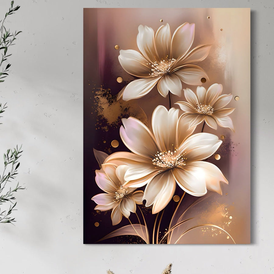 Tablou Canvas Premium A1405 de la LuxCanva® prezintă flori aurii elegante și petale vibrante pe un fundal gradient, perfect pentru dormitoare. Realizat pe pânză durabilă, acesta adaugă o notă decorativă oricărei camere, cu o frumusețe durabilă.