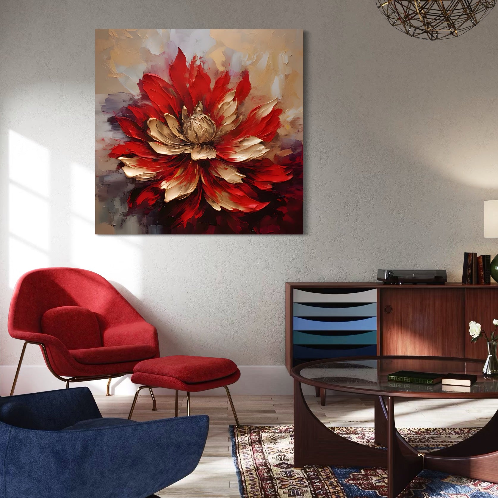 Tablou Canvas Premium LuxCanva® A1406, Floare Rosie , Room, Planta, Auriu, Decorativ, Dormitor, Culori Vibrante