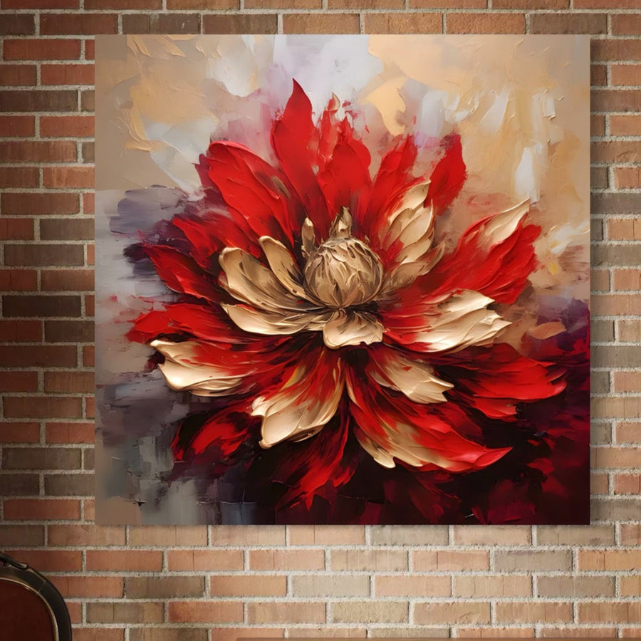 Tablou Canvas Premium LuxCanva® A1406 prezintă o floare roșie vibrantă cu accente aurii, perfectă pentru decorarea dormitorului. Suprafața sa texturată și stilul îndrăzneț îmbină realismul și abstracția pentru o declarație uimitoare pe perete.