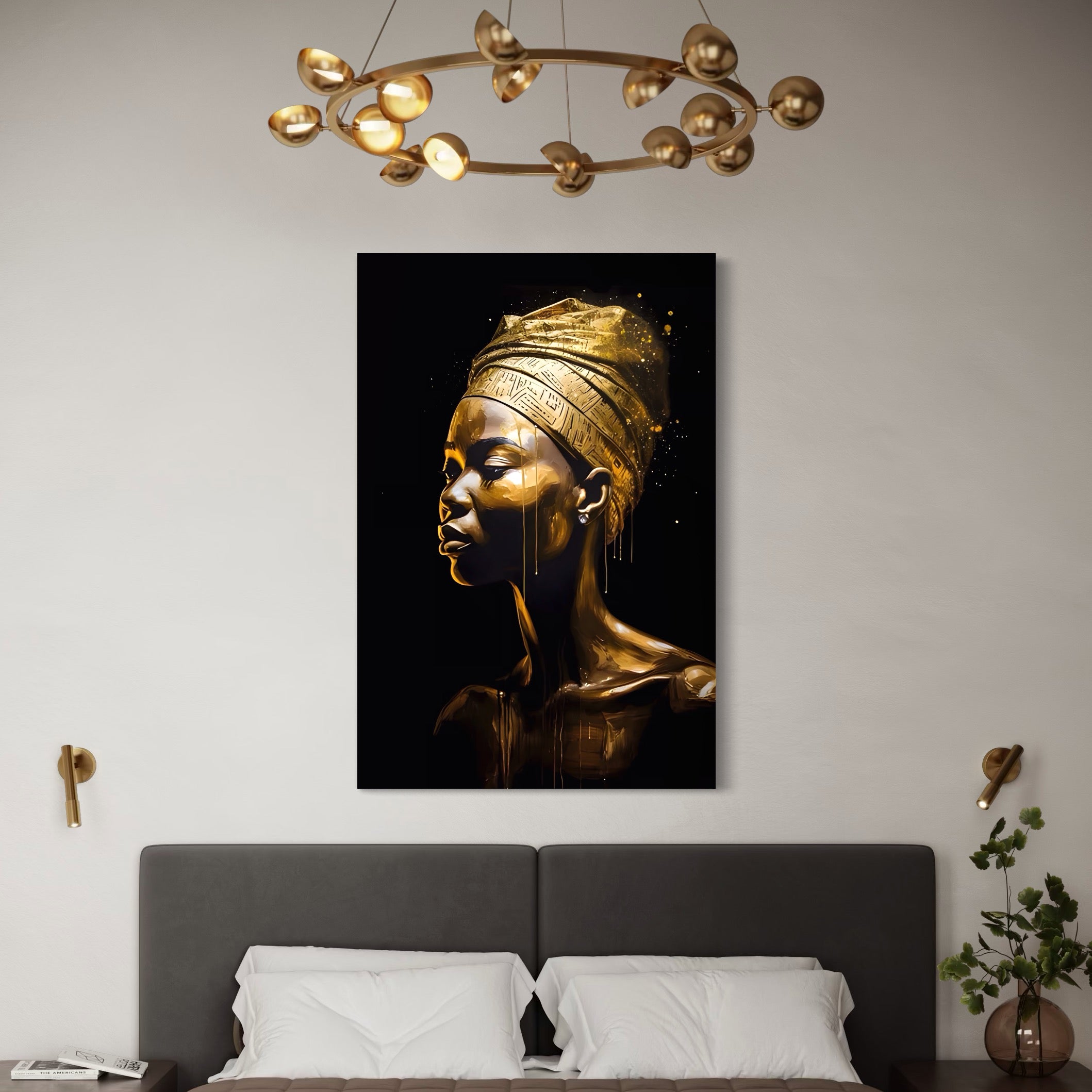 Tablou Canvas Premium LuxCanva® A1409, Golden African ,  Room, Femeie, Auriu, Decorativ, Studio, Culori Vibrante