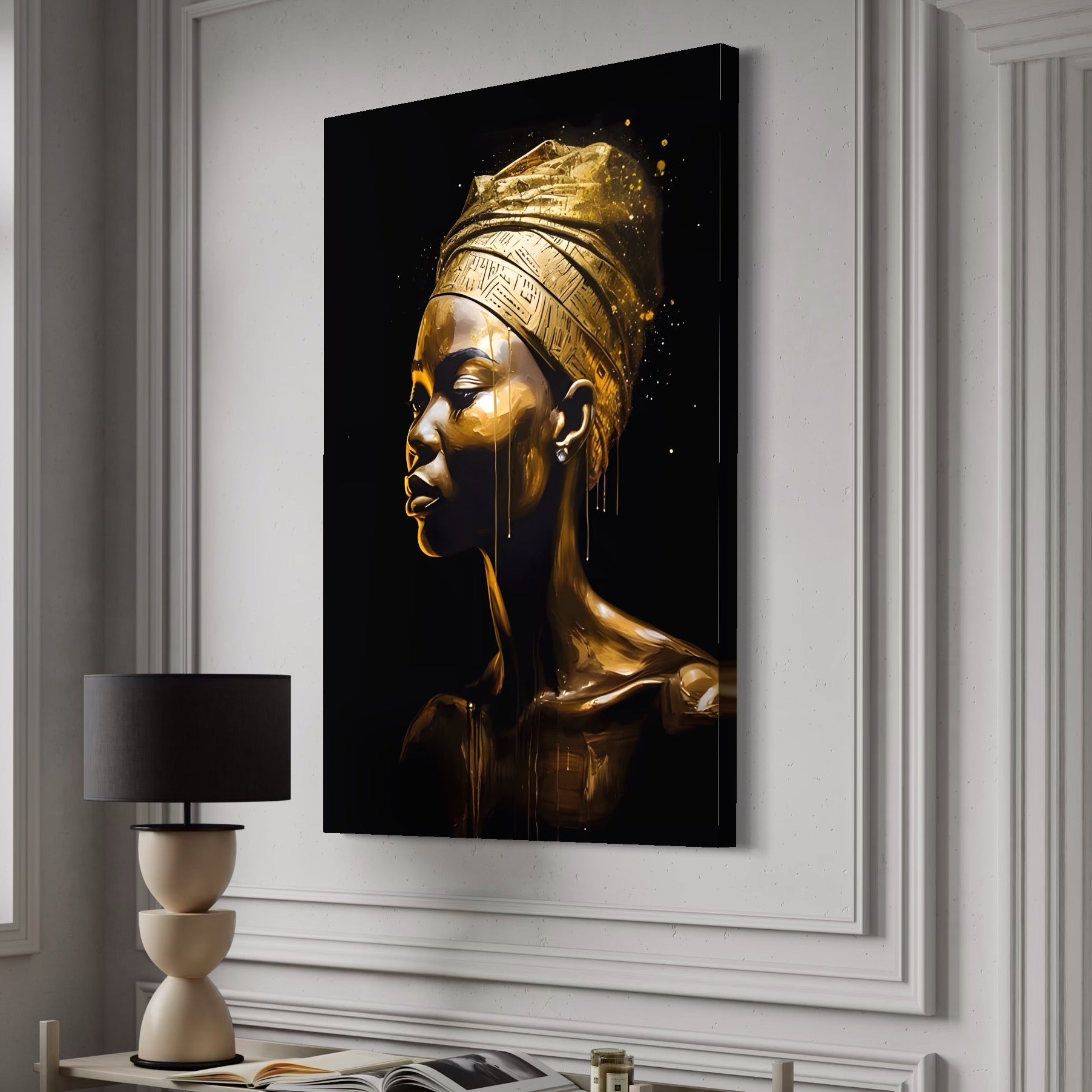 Tablou Canvas Premium LuxCanva® A1409, Golden African ,  Room, Femeie, Auriu, Decorativ, Studio, Culori Vibrante