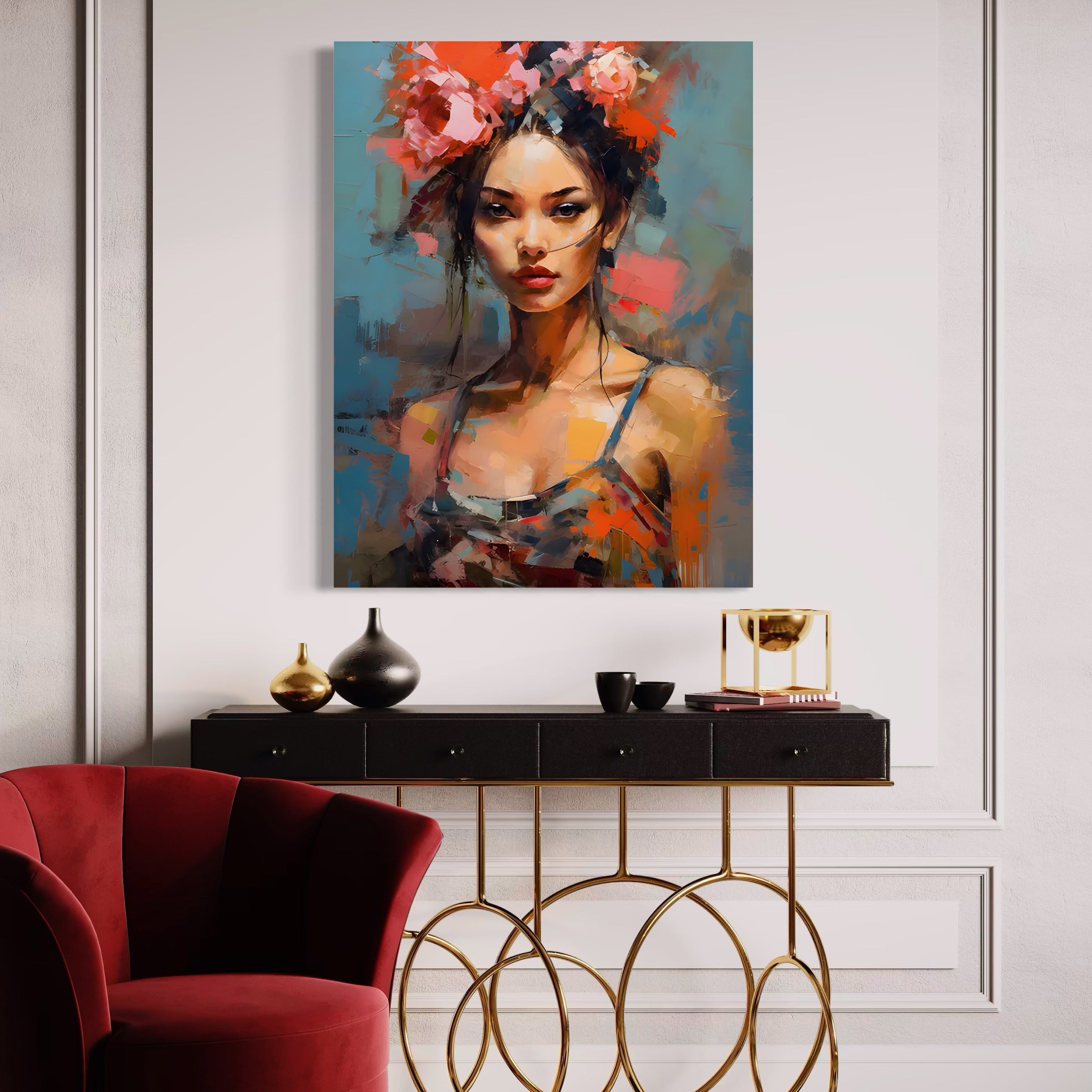 Tablou Canvas Premium LuxCanva® A1410, Fata Cu Flori In Par , Room, Femeie, Frumusete, Senzualitate, Decorativ, Studio, Culori Vibrante