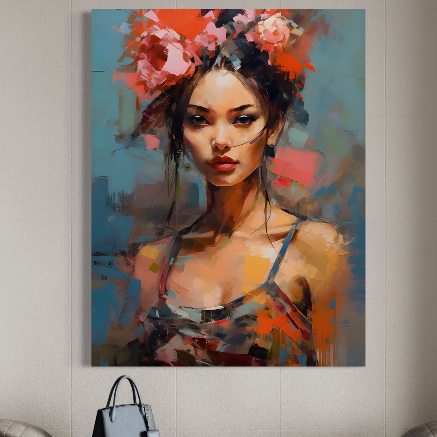 Tablou Canvas Premium LuxCanva® A1410, Fata Cu Flori In Par , Room, Femeie, Frumusete, Senzualitate, Decorativ, Studio, Culori Vibrante