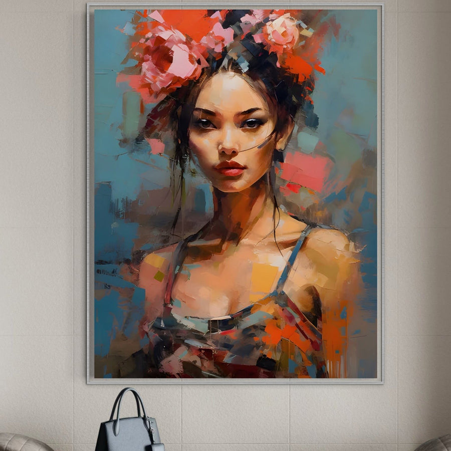 The LuxCanva® Tablou Canvas Premium A1410, "Fata Cu Flori In Par", cu femeie expresivă și culori vibrante, înfrumusețează peretele; sub el, pe un scaun, se află o geantă neagră.