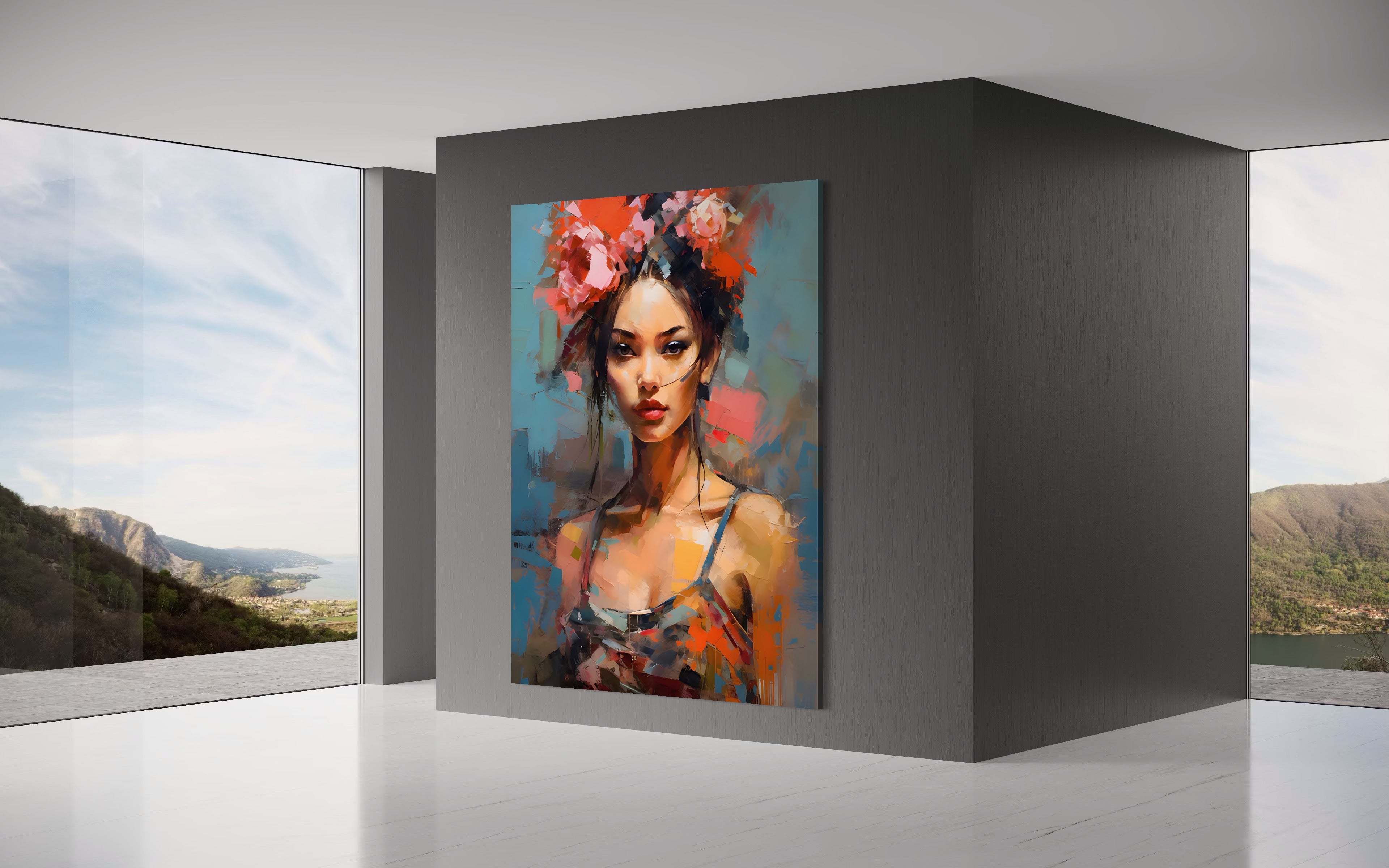 Tablou Canvas Premium LuxCanva® A1410, Fata Cu Flori In Par , Room, Femeie, Frumusete, Senzualitate, Decorativ, Studio, Culori Vibrante