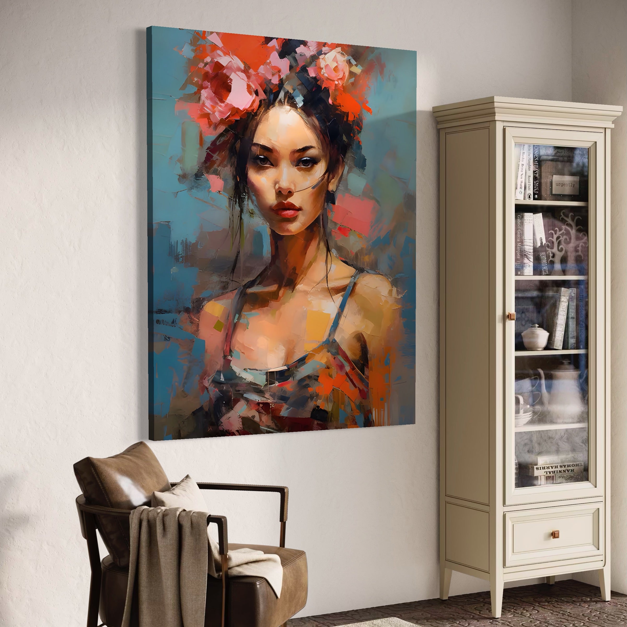 Tablou Canvas Premium LuxCanva® A1410, Fata Cu Flori In Par , Room, Femeie, Frumusete, Senzualitate, Decorativ, Studio, Culori Vibrante