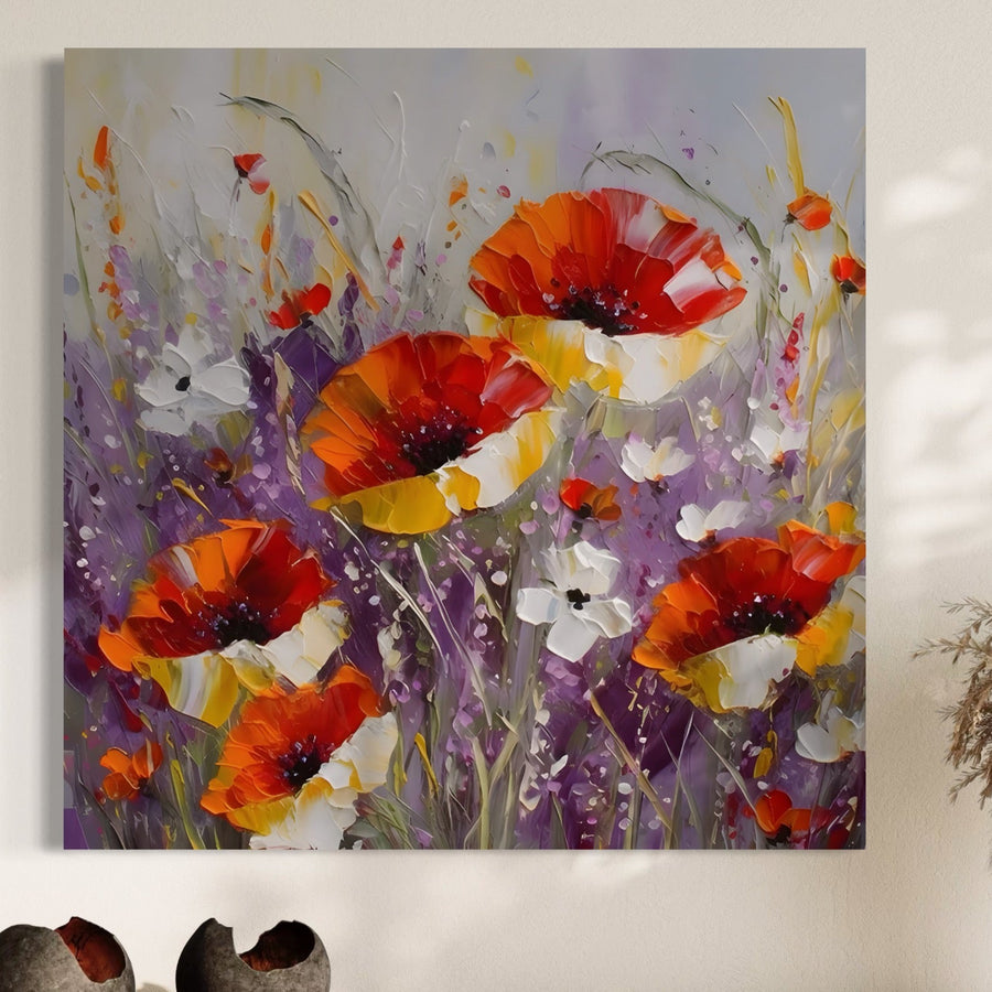 Pânza Tablou Premium LuxCanva® A1412 prezintă flori sălbatice vibrante și maci pe un fundal gri-violet, ideal pentru decorul de primăvară. Perfect pentru iubitorii de natura și print pe panza, această pânză premium înveselește orice cameră de zi.