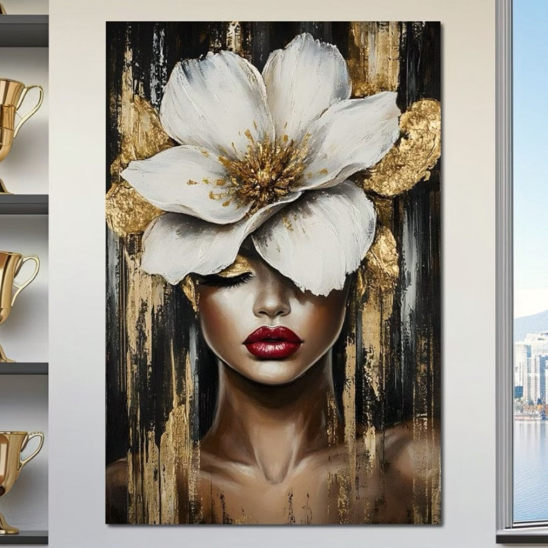 Tablou Canvas Premium, LuxCanva® G1103, Femeia de Sub Floare, Chip, Angelic, Inflorire, Delicatete, Fragilitate, Pasiune, Flori, Living, Dormitor