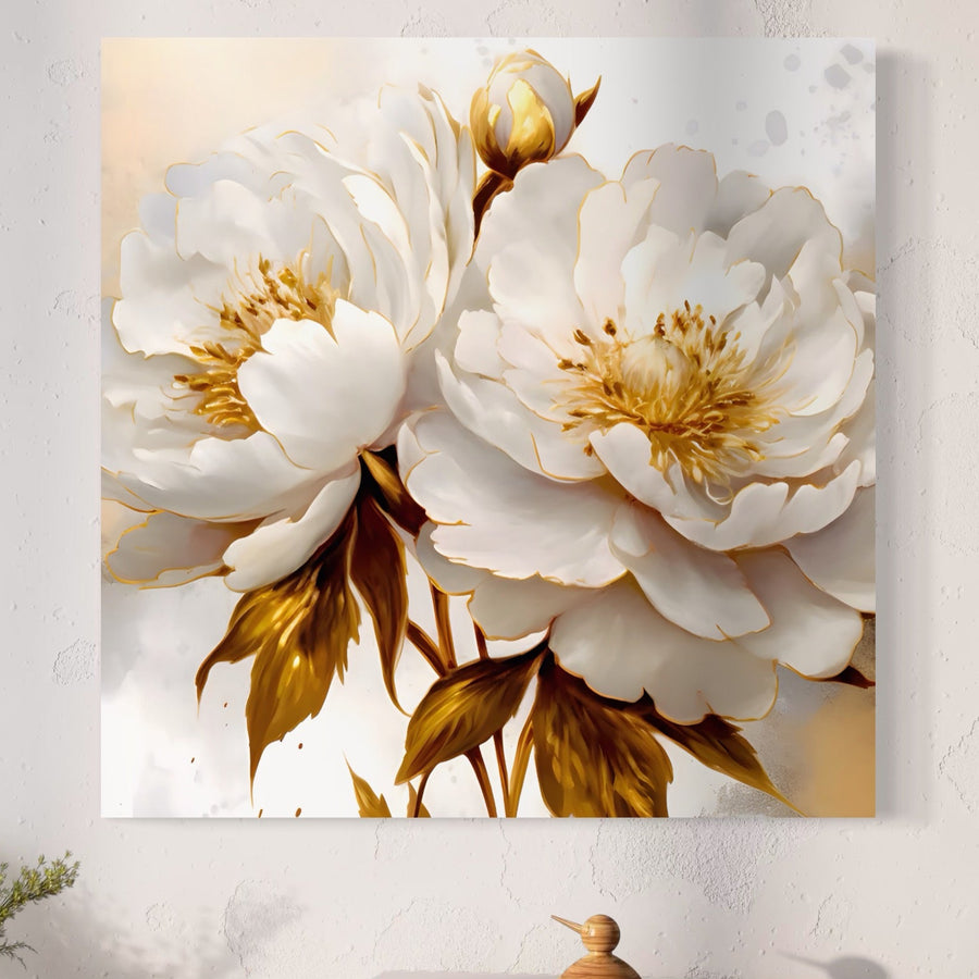 Tablou Canvas Premium LuxCanva® A1413, Flori Albe: două bujori mari cu centru auriu și frunze accentuate cu aur, pe fundal neutru. Perfect pentru living sau decor de primăvară, adaugă eleganță oricărei camere. Brand: LuxCanva®.