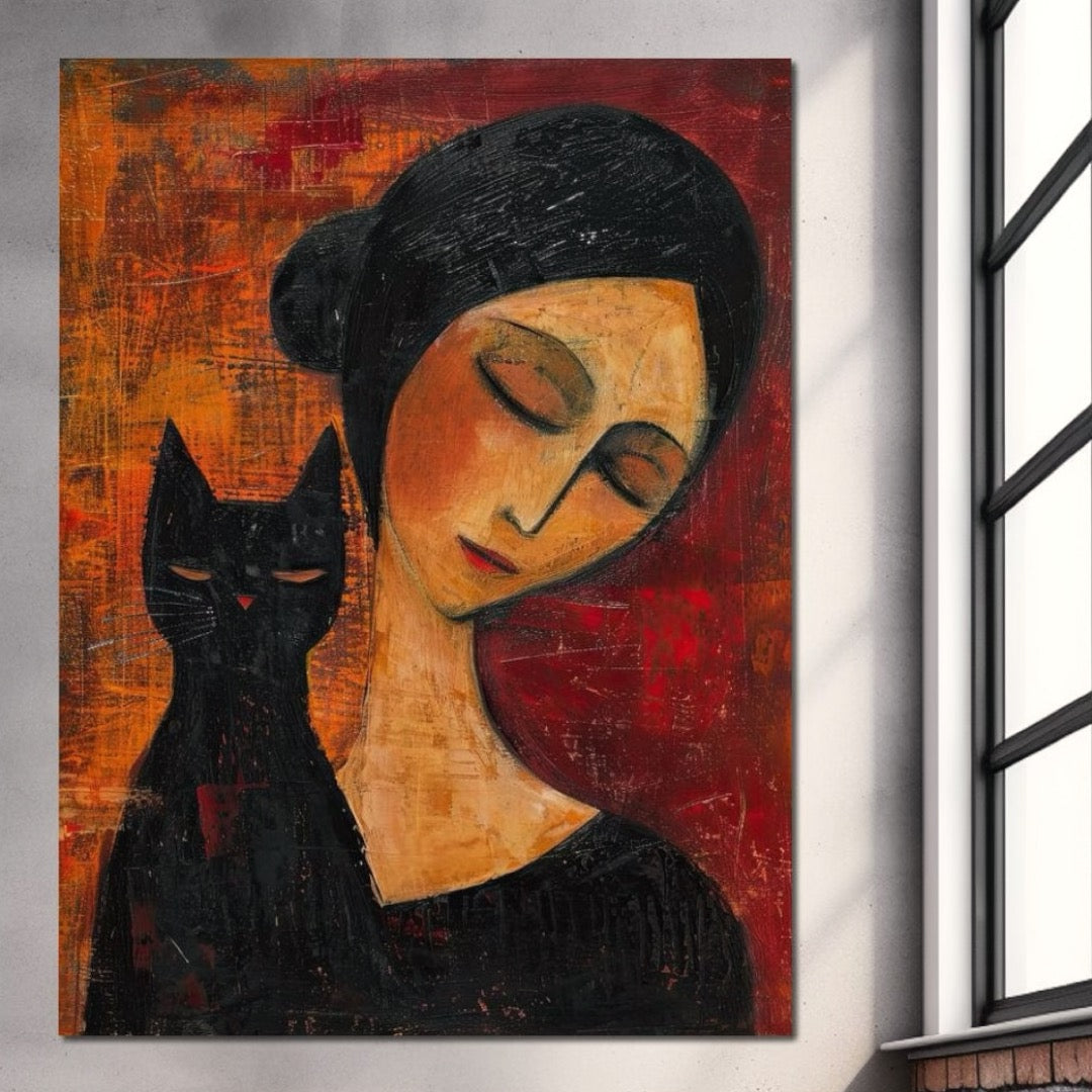 Tablou Canvas Premium, LuxCanva® G1105, Pisica si Muza,  Pisica, Femeie, Umbra, Tacere, Ganduri, Boem, Taina, Emotie, Liniste, Iubire, Living, Dormitor