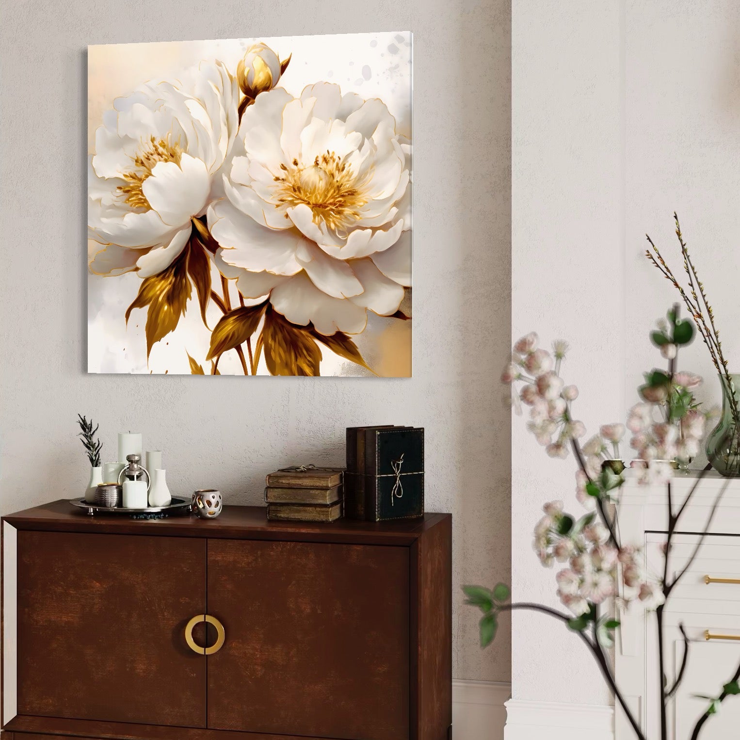 Tablou Canvas Premium LuxCanva® A1413, Flori Albe ,  Room, Primavara, Auriu, Bujor, Decorativ, Living, Culori Vibrante