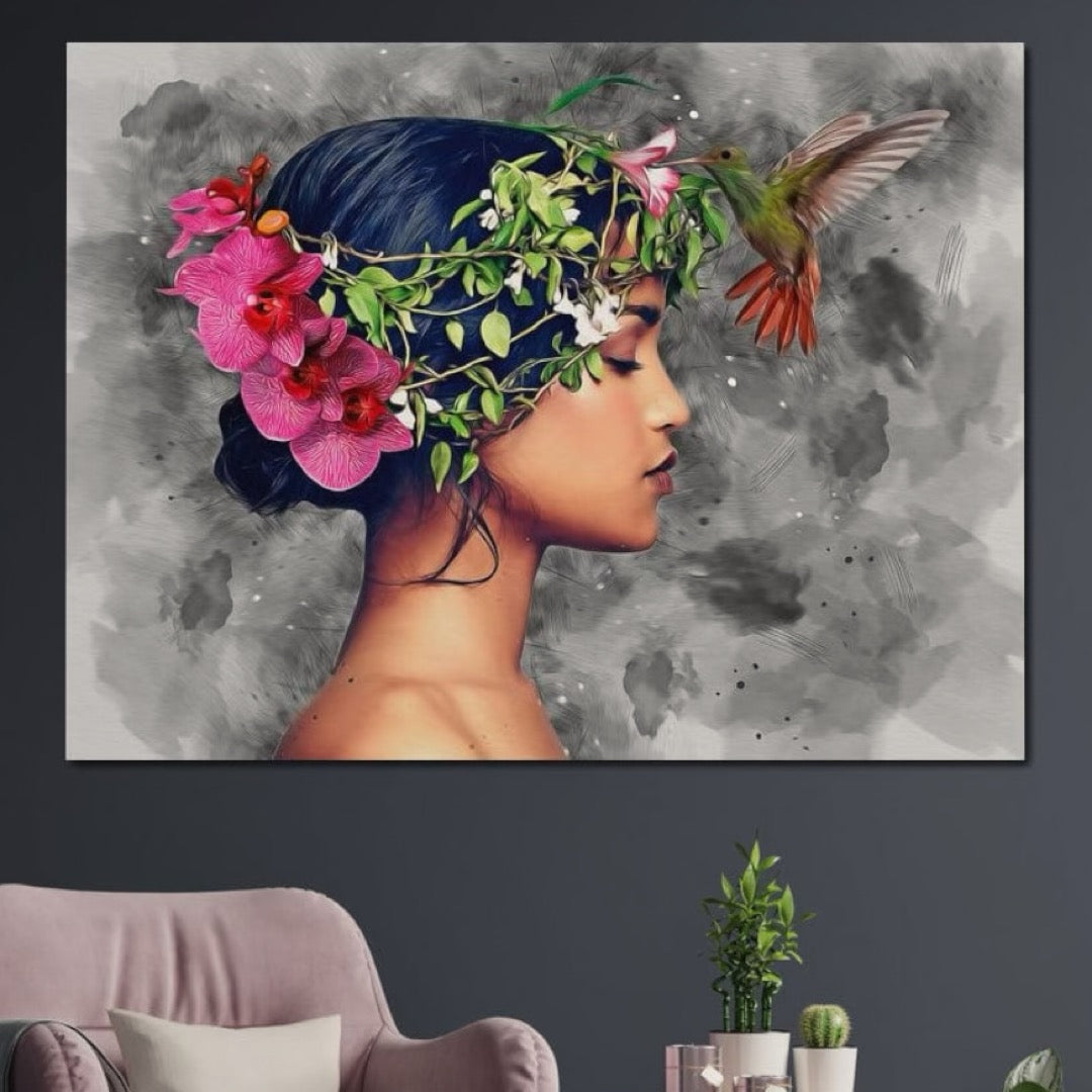 Tablou Canvas Premium, LuxCanva® G1107, Fata si Pasarea Colibri, Natura, Pasare, Flori, Aripi, Poetic, Frumusete, Feminitate, Zbor, Living, Dormitor