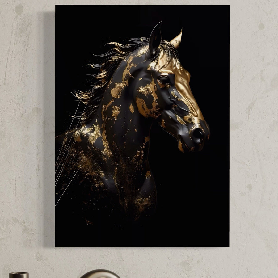 Tablou Canvas Premium LuxCanva® A1415 "Chocolate Horse," cu cap de cal negru, accente aurii metalice și fundal întunecat pentru efect dramatic, imprimat profesional pe pânză bumbac-brand LuxCanva®.