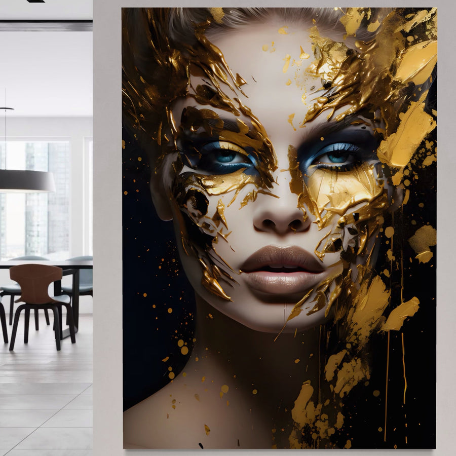 Tablou Canvas Premium LuxCanva® A1419 "Gold Girl": decorativ, femeie senzuală cu ochi albaștri și vopsea aurie pe față, ideal pentru living modern; brand LuxCanva®, culori vibrante, stil minimalist.