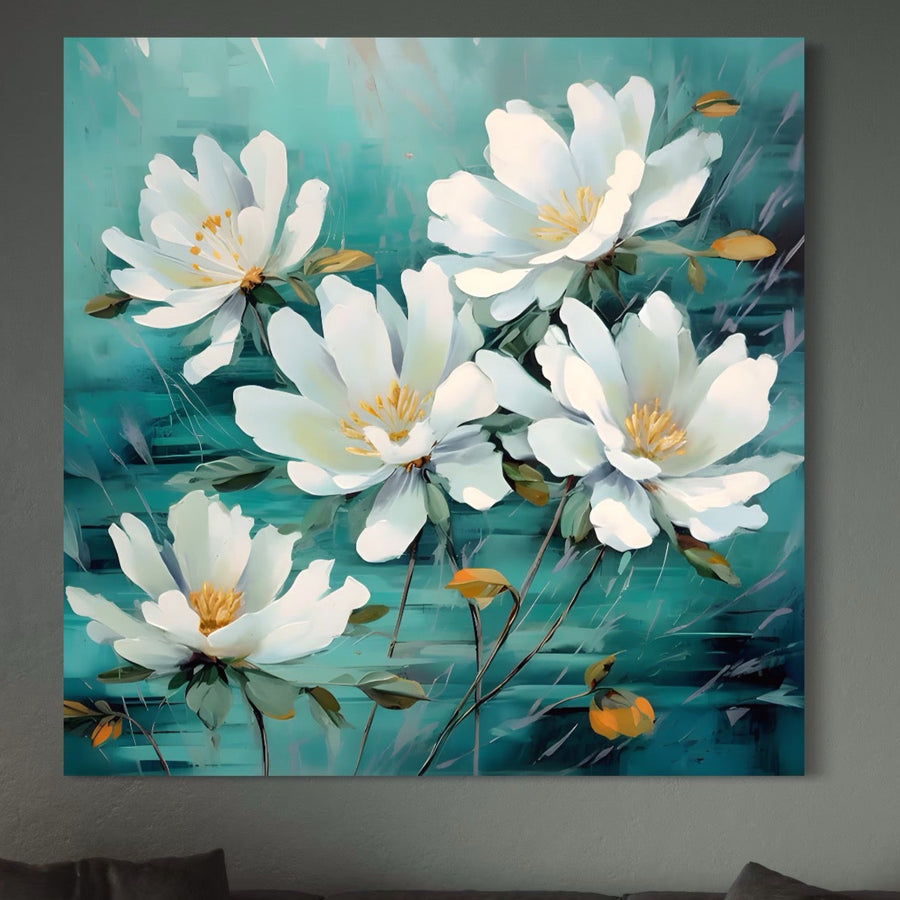 Tablou Canvas Premium LuxCanva® A1420, Dansul Florilor, prezintă flori albe și frunze verzi pe un fundal albastru-verde vibrant, într-un stil moale, impresionist - perfect pentru sufragerii sau dormitoare. Brand: LuxCanva®.