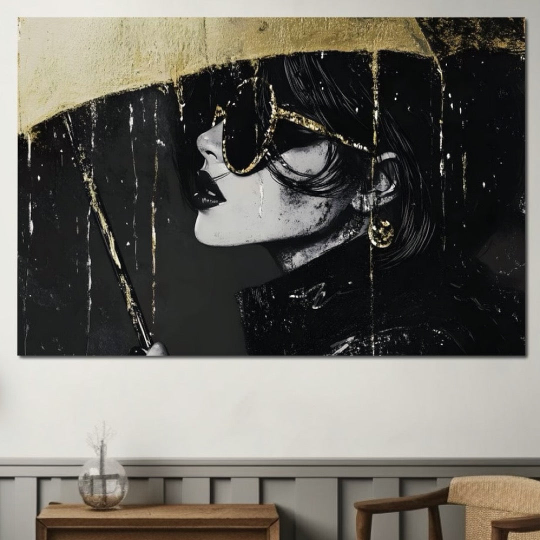 Tablou Canvas Premium, LuxCanva® G1112, Glamour In Ploaie, Picaturi, Umbrela, Gold, Ochelari, Stil, Rafinament, Cinematic, Artista, Living, Dormitor