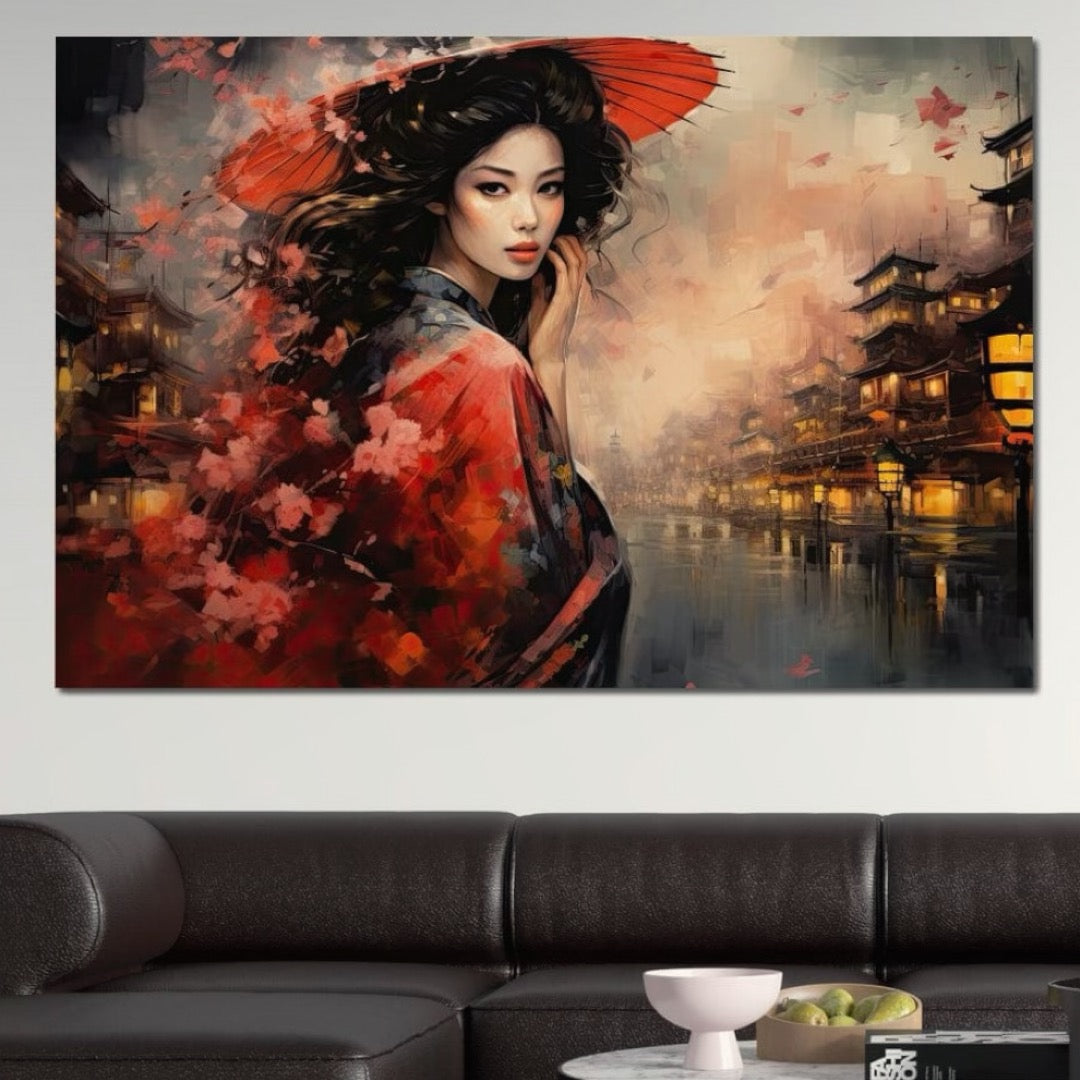 Tablou Canvas Premium, LuxCanva® G1116, Eleganta Japoneza, Gheisa, Vant, Ciresi, Nipona, Umbrela, Rosie, Kyoto, Asiatica, Living, Dormitor