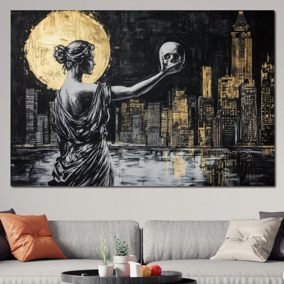 Tablou Canvas Premium, LuxCanva® G1119, Orasul si Tacerea, Craniu, City, Apus, Dialog, Eternitate, Destin, Viitor, Luna, Abstract, Living, Dormitor