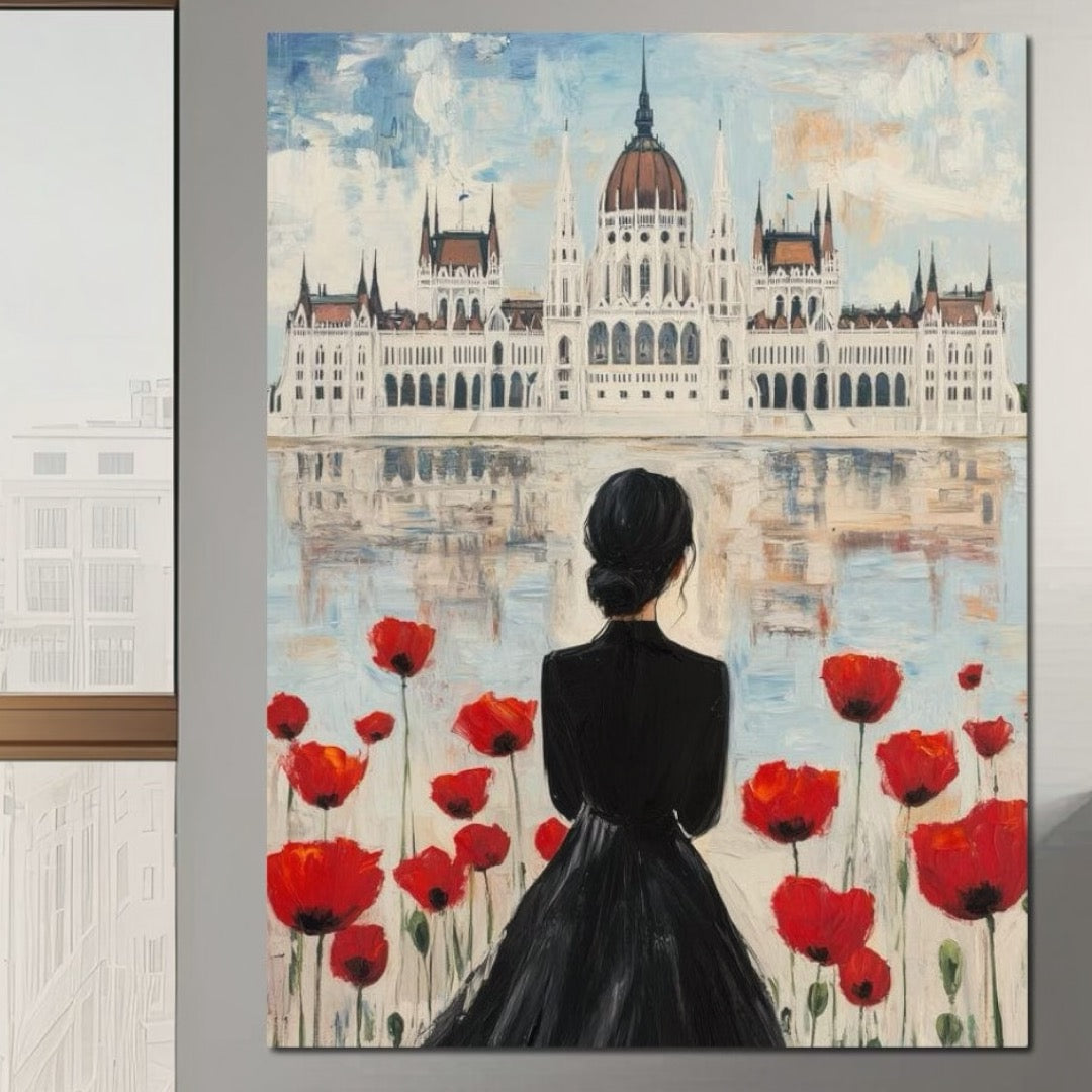 Tablou Canvas Premium, LuxCanva® G1120, Vis la Budapesta, Maci, Flori, Palat, Oras, Dunare, Rosu, Visare, Tacere, Femeie, Living, Dormitor