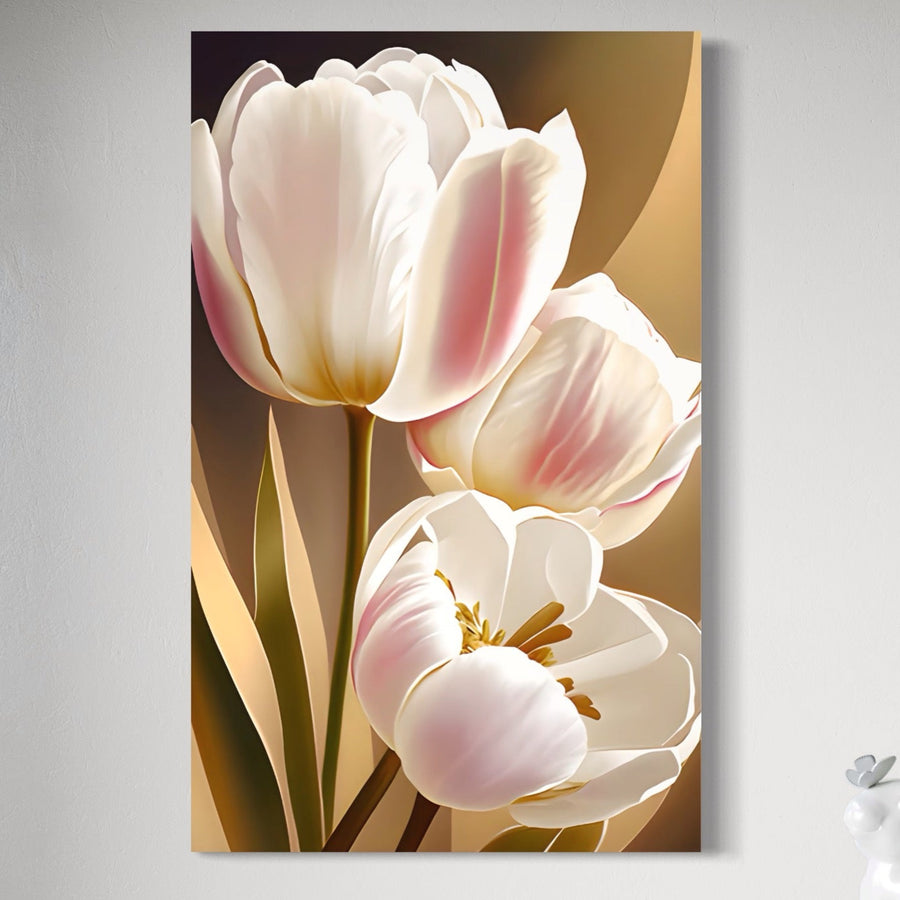 LuxCanva® Tablou Canvas Premium A1421 prezintă trei lalele roz înflorite cu tulpini verzi pe un fundal cald bej-maro, perfect pentru un decor vibrant de primăvară în camera de zi sau dormitor.
