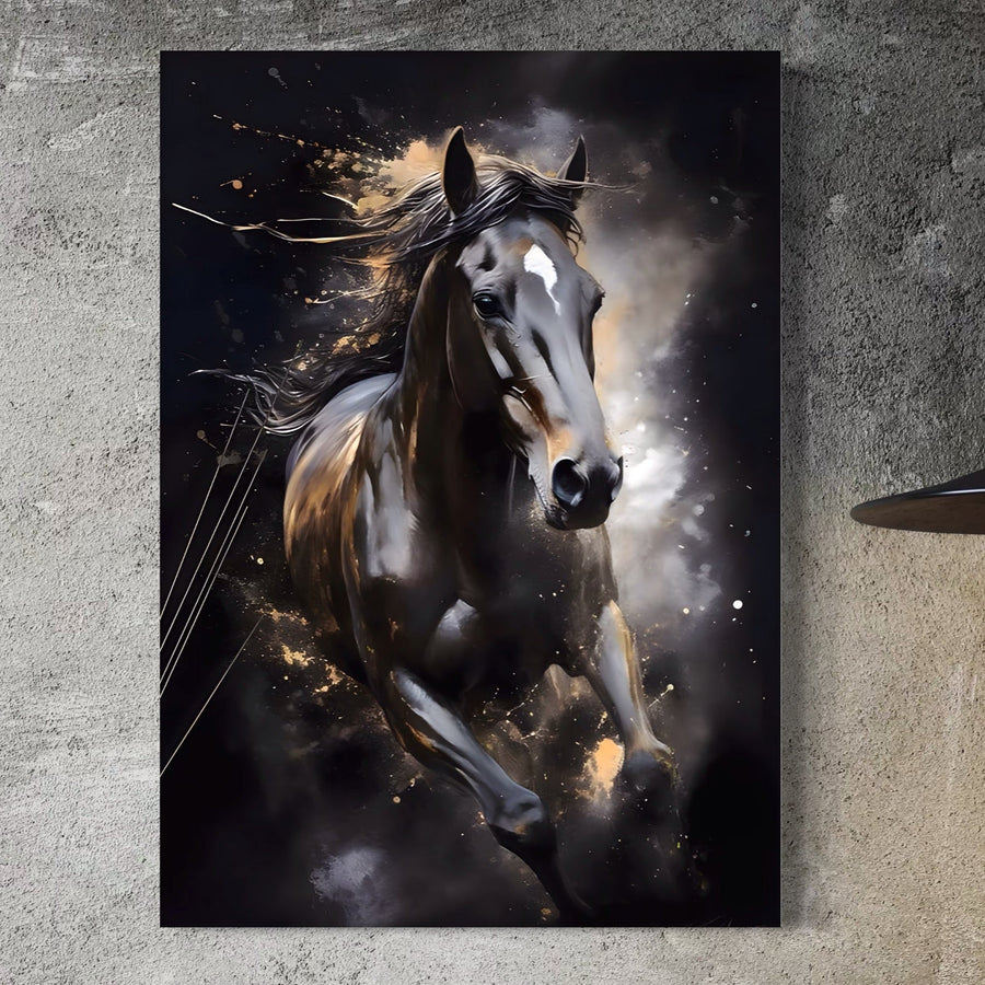 Tablou Canvas Premium LuxCanva® A1423, Elegant Horse, cu cal în galop, culori vibrante pe panza bumbac, face parte din colecția noastră de tablouri decorative și decorează perfect un perete gri texturat.