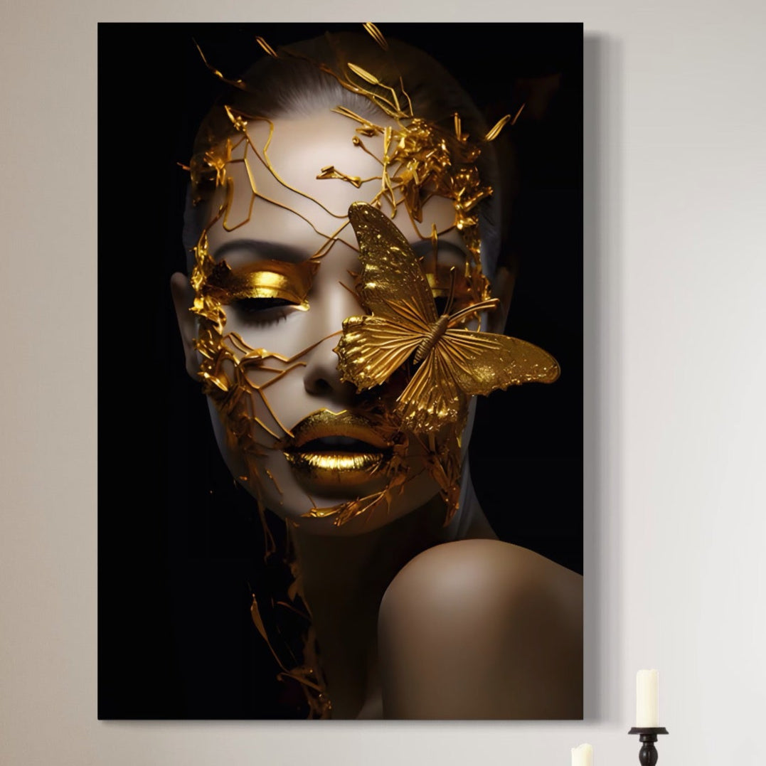 Tablou Canvas Premium LuxCanva® A1425, Gold Butterfly , Living, Frumusete, Femeie, Fluturi, Auriu, Decorativ, Culori Vibrante