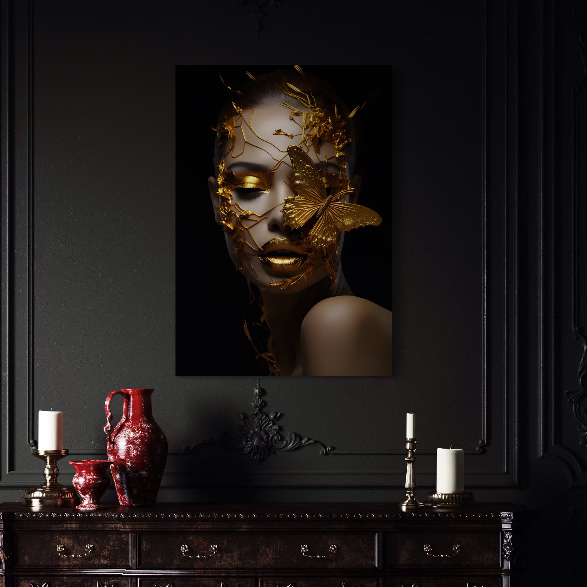 Tablou Canvas Premium LuxCanva® A1425, Gold Butterfly , Living, Frumusete, Femeie, Fluturi, Auriu, Decorativ, Culori Vibrante