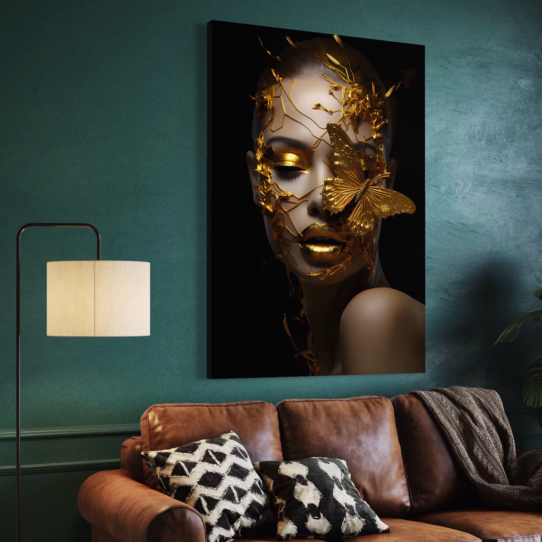 Tablou Canvas Premium LuxCanva® A1425, Gold Butterfly , Living, Frumusete, Femeie, Fluturi, Auriu, Decorativ, Culori Vibrante