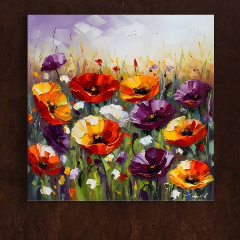 Tablou Canvas Premium LuxCanva® A1427 surprinde un câmp cu flori colorate, inclusiv maci roșii, pe fundal delicat-arta decorativă perfectă pentru dormitor sau living. Calitate premium de la brandul LuxCanva®, culori vibrante și design modern.