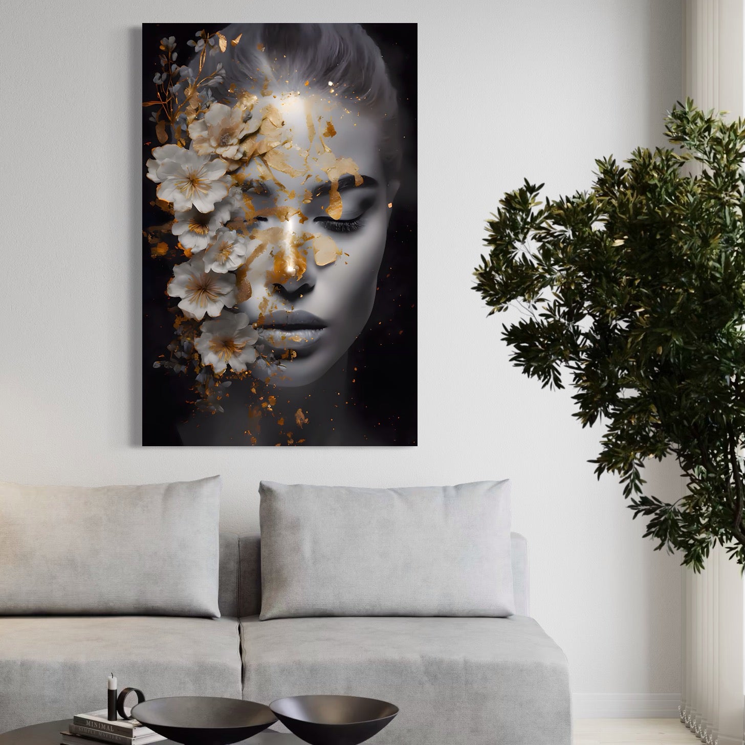 Tablou Canvas Premium LuxCanva® A1428, Face With Flowers , Dormitor, Femeie, Flori, Auriu, Decorativ, Living, Culori Vibrante