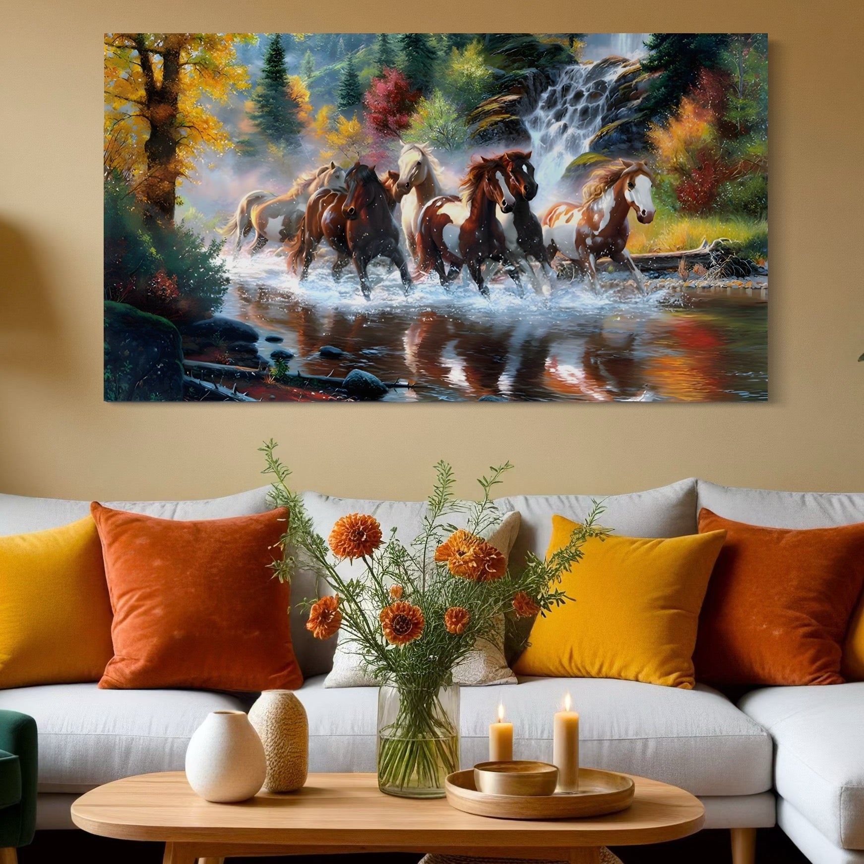 Tablou Canvas Premium, LuxCanva® C1259, Cai Galopand In Salbaticie, Relaxare, Living Room, Culori Vibrante