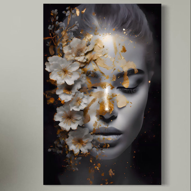 Tablou Canvas Premium LuxCanva® A1428, Face With Flowers , Dormitor, Femeie, Flori, Auriu, Decorativ, Living, Culori Vibrante