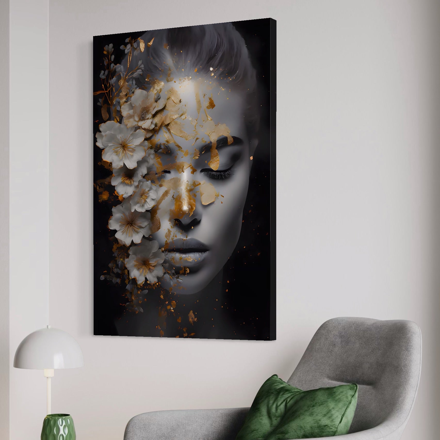 Tablou Canvas Premium LuxCanva® A1428, Face With Flowers , Dormitor, Femeie, Flori, Auriu, Decorativ, Living, Culori Vibrante