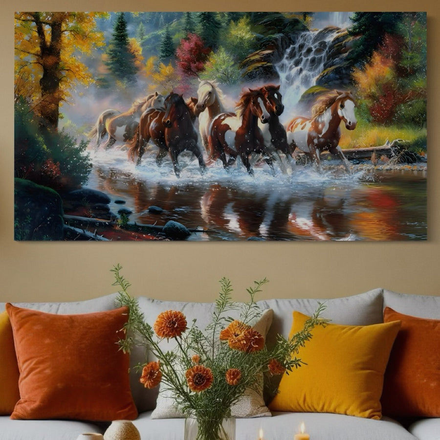 Pânza Tablou Premium LuxCanva®, model C1259 "Cai Galopand In Salbaticie", prezintă cai vibranți care aleargă prin apă în mijlocul copacilor de toamnă - ideală pentru decorul camerei dvs. de zi.