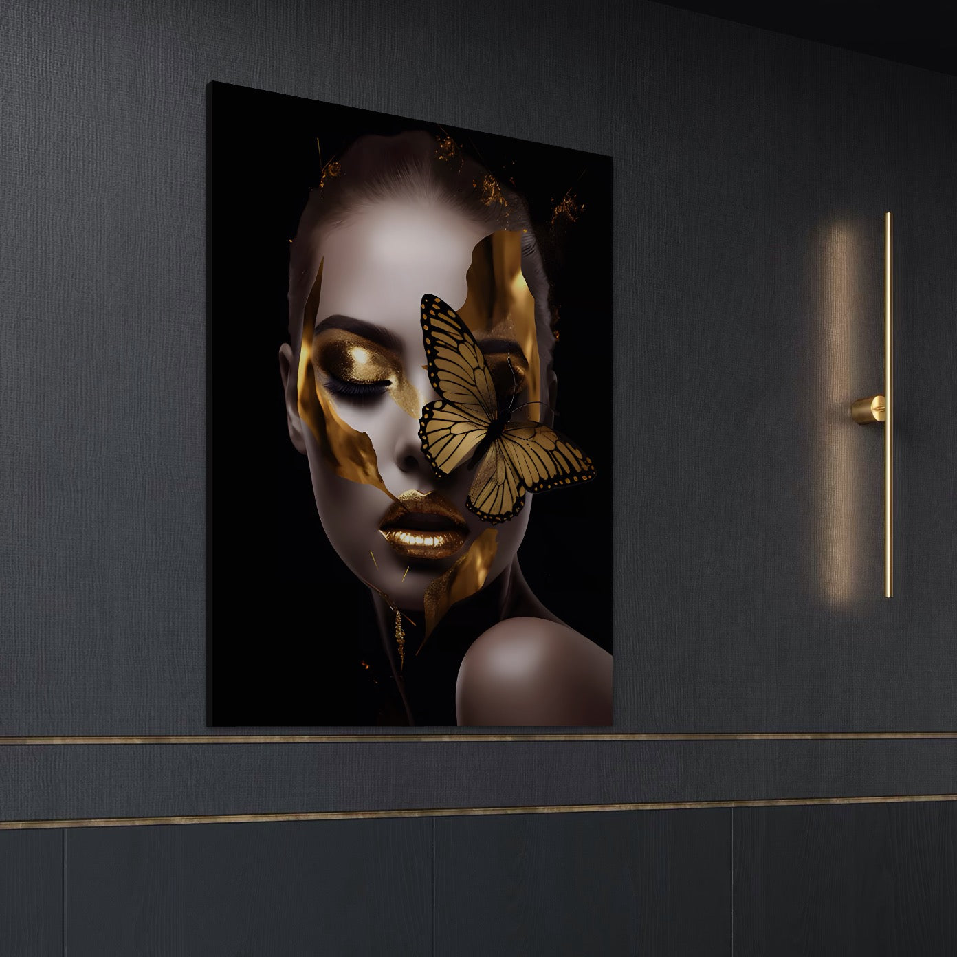 Tablou Canvas Premium LuxCanva® A1433, Fluture De Aur ,  Decorativ, Femeie, Auriu, Living, Culori Vibrante