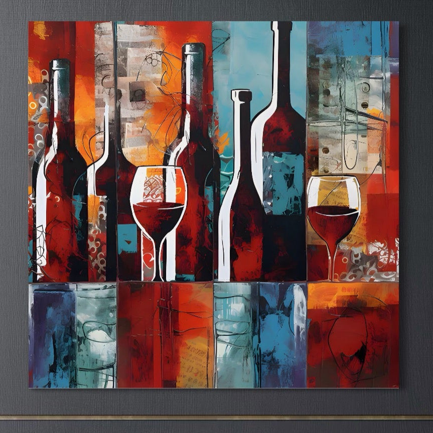 Tablou Canvas Premium LuxCanva® LuxCanva® A1434 reprezintă sticle și pahare de vin roșu vibrant într-un stil abstract dinamic, cu forme geometrice îndrăznețe roșii, portocalii, albastre și gri - ideal pentru decorarea barului sau a casei.