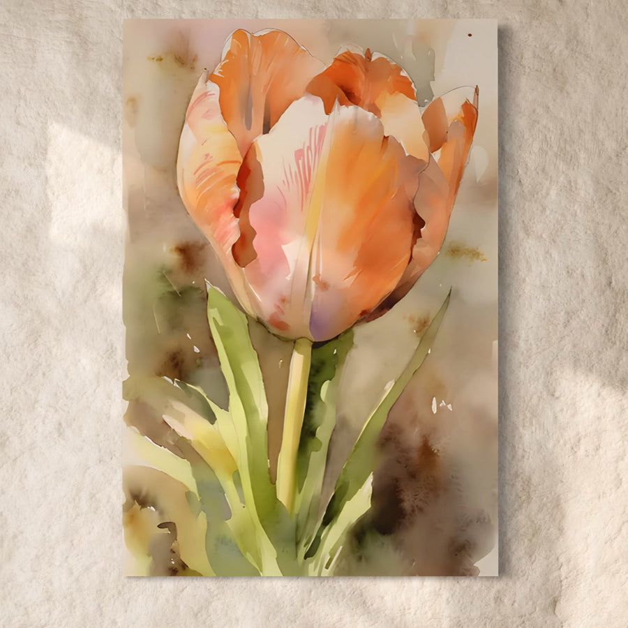 Tablou Canvas Premium LuxCanva® A1436, Laleaua Roz - pictură decorativă cu o lalea roz și portocalie pe fundal în tonuri pământii, perfectă pentru dormitor. Brand: LuxCanva®.