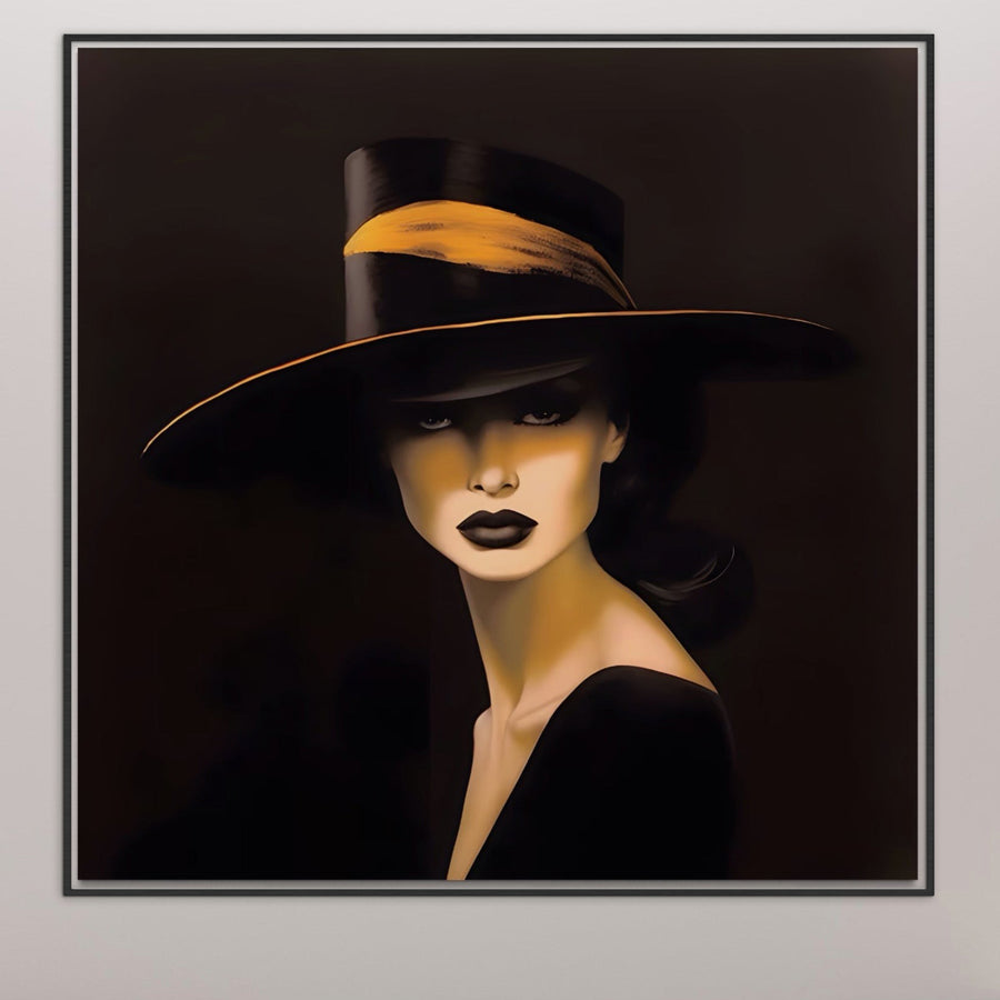 Tablou Canvas Premium LuxCanva® A1438, The Mysterious Lady - portret stilizat cu femeie în pălărie neagră cu accent portocaliu și privire enigmatică, printat pe pânză bumbac 100% de calitate premium, decorativ pentru living.