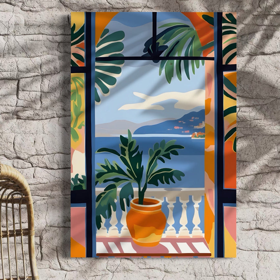Adaugă un strop de vară în casa ta cu Tablou Canvas Premium LuxCanva® A1439 "Summer View" - o ilustrație colorată cu balcon mediteranean, perfectă pentru decorul livingului, de la brandul LuxCanva®.