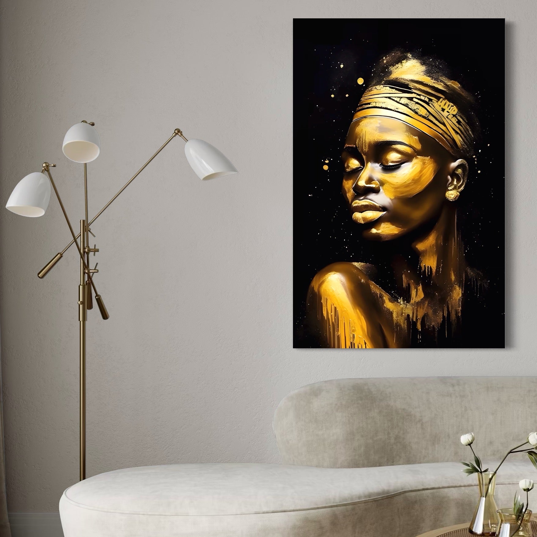 Tablou Canvas Premium LuxCanva® A1441, African Gold , Decorativ, Femeie, Picatura de Aur, Buze Aurii, Room, Culori Vibrante