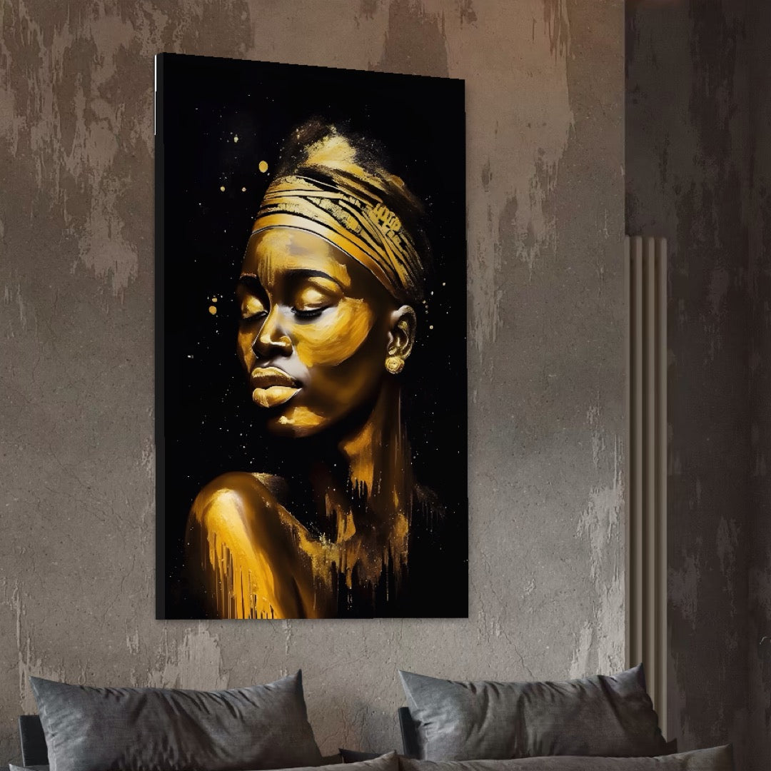 Tablou Canvas Premium LuxCanva® A1441, African Gold , Decorativ, Femeie, Picatura de Aur, Buze Aurii, Room, Culori Vibrante