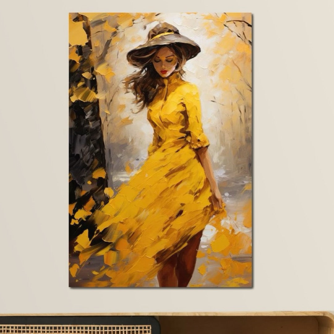 Tablou Canvas Premium, LuxCanva® G1121, Plimbare Prin Amintiri, Frunze, Galben, Toamna, Vant, Palarie, Vise, Eleganta, Natura, Romantism, Living, Dormitor