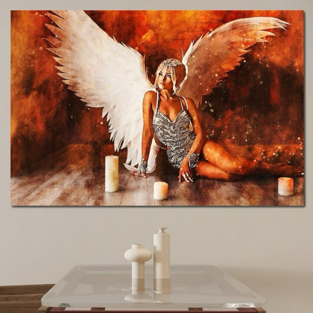 Tablou Canvas Premium, LuxCanva® G1122, Ingerul Seductiei, Inger, Aripi, Foc, Mister, Lumanari, Divin, Aura, Dramatic, Flacari, Gratie, Lumina, Living, Dormitor